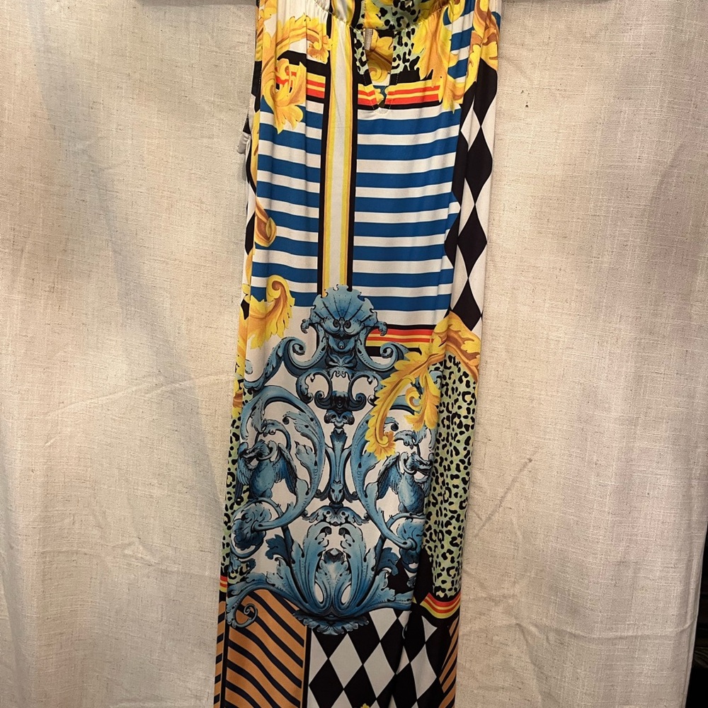 Blue and Yellow Sleeveless Sheath Midi Dress for Resort Wear - Picture 5 of 5
